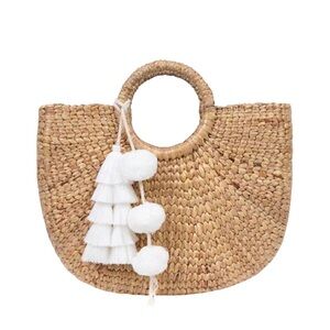 JADEtribe Aloha Woven Basket Bag with White Tassel and Pom Poms NWT